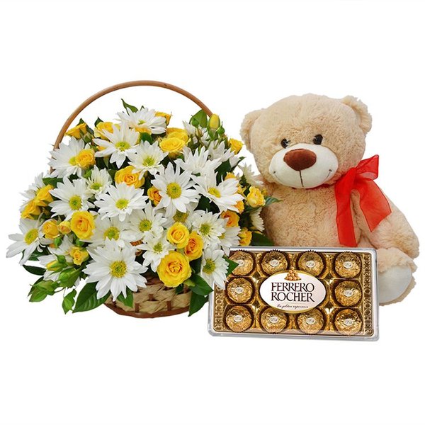 Cesta de Margaridas e Rosas Amarelas com Chocolate e Pelúcia