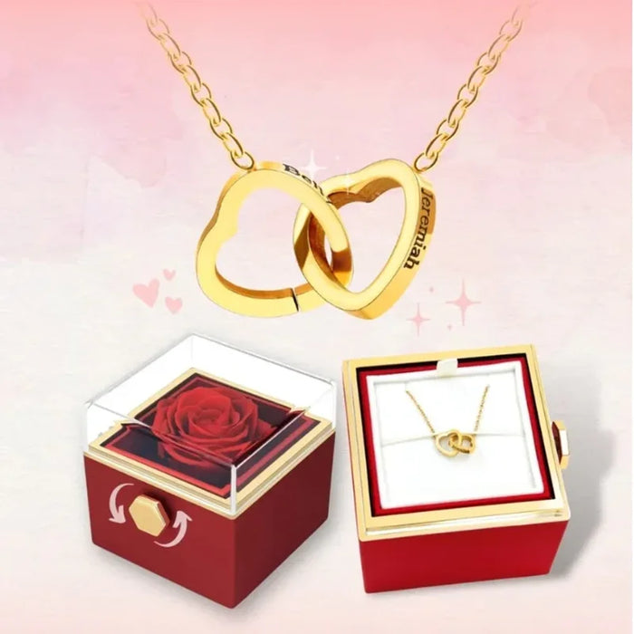 Colar Coração de Casal Banhado + Caixinha Giratória Flor Eterna